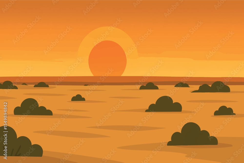 Poster flat vector panoramic flatland prairie with scattered bushes and sunset horizon minimal color scheme