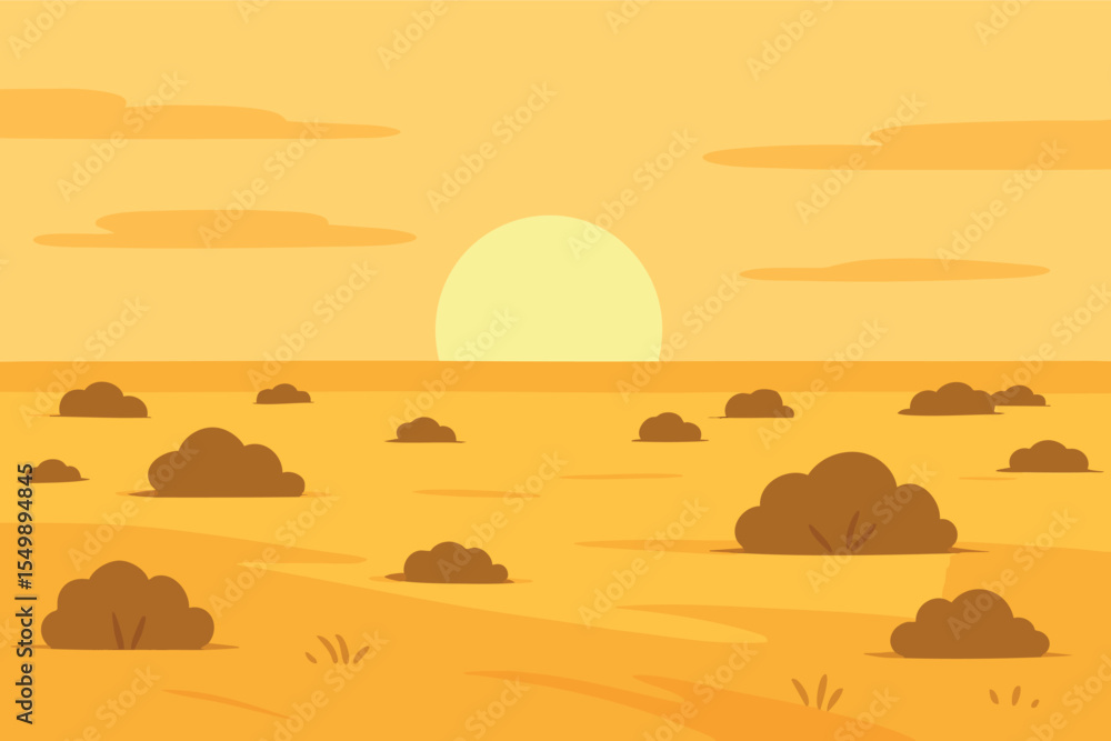 Poster flat vector panoramic flatland prairie with scattered bushes and sunset horizon minimal color scheme