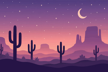 Flat vector panoramic desert at twilight with cacti rock formations and starry sky dreamy tones vector-friendly