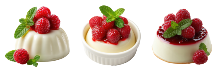 Set of Delicious panna cotta dessert with raspberries and mint leaves topping isolated on a transparent background