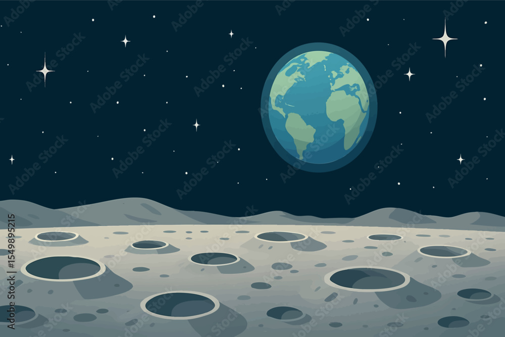 Poster flat vector panoramic moon surface with craters earth in sky stars in background sci-fi style vector