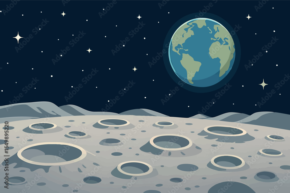 Poster flat vector panoramic moon surface with craters earth in sky stars in background sci-fi style vector