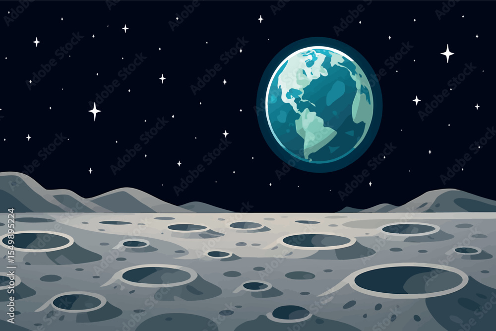 Aufkleber flat vector panoramic moon surface with craters earth in sky stars in background sci-fi style vector