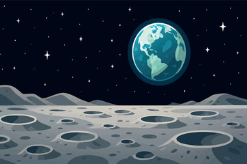 Flat vector panoramic moon surface with craters Earth in sky stars in background sci-fi style vector-friendly