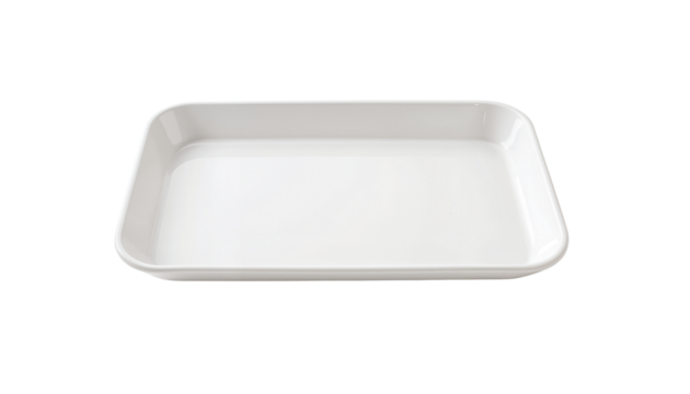 White rectangular tray with smooth surface and rounded edges, isolated, transparent background, no background  
