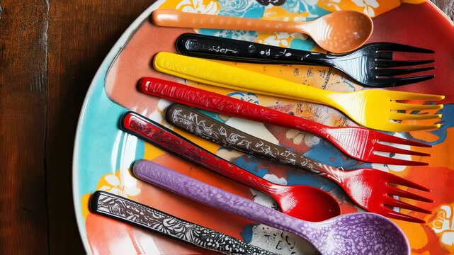 Colorful Cutlery: A vibrant display of spoons and forks in various colors and designs, arranged artistically on a decorative plate, showcasing the beauty of everyday objects.