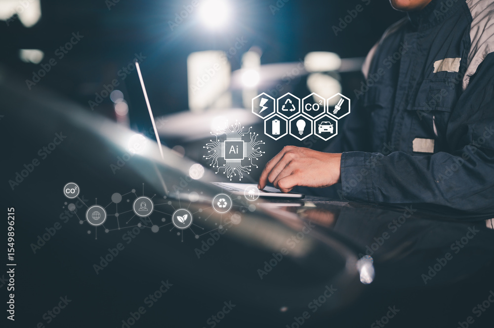 Poster a person in a dark jacket uses a laptop with ai and technology icons floating around, symbolizing ar