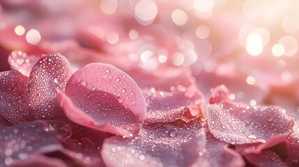 Dew Kissed Pink Rose Petals Close Up Macro Photography of Delicate Flower Blossoms