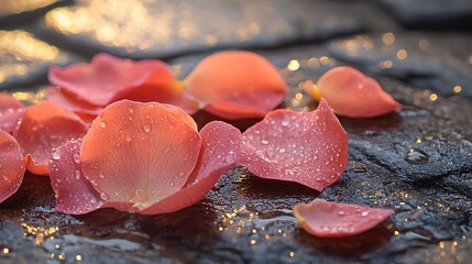 Dew kissed Rose Petals on Dark Stone Surface Romantic Nature Close up