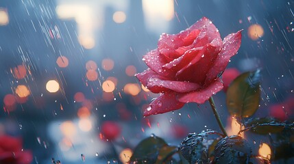Romantic Red Rose in Rain City Lights Bokeh Background Closeup