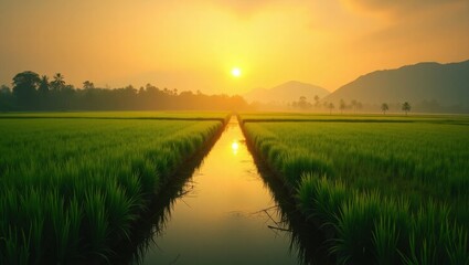 Naklejka premium Golden sunrise illuminates lush green rice paddy fields with a reflective water channel leading towards distant misty mountains
