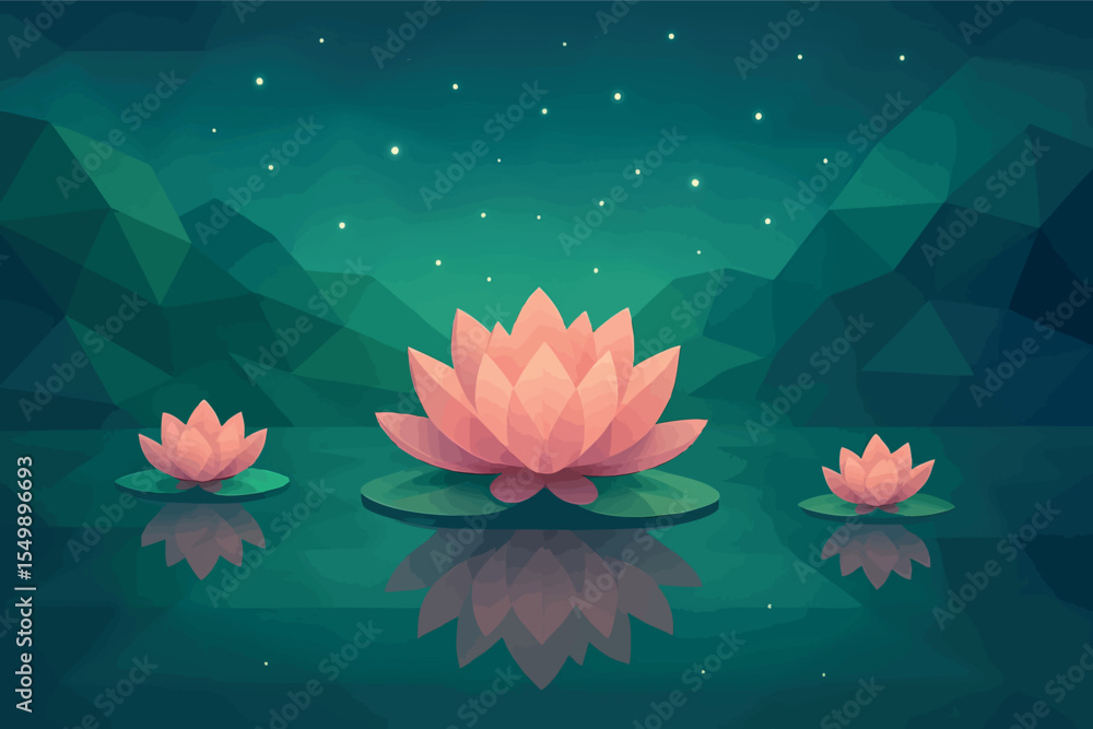 Poster low poly vector magical field with floating lotus flowers mirrored lake and light particles