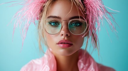 A stunning fashion model showcases playful style with pink feathered accessories and vibrant makeup against a blue backdrop, blending fashion and artistry.
