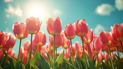 Vibrant Pink Tulips Blooming in Sunny Spring Field Bright Flowers Under Blue Sky