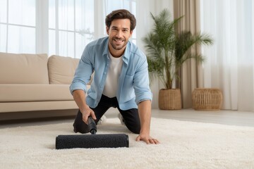 Person laying carpet in room, renovation, smiling man on all fours with black carpet roller. Concept of person laying carpet in room creating inviting atmosphere.