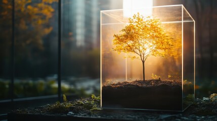 A stunning visualization of a tree enclosed in a glass cube, with sunlight illuminating its golden leaves, representing growth, captivity, and the beauty of nature.