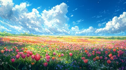 Vibrant Spring Meadow Landscape Colorful Tulips Under a Sunny Sky with Fluffy Clouds