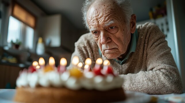 An elderly man gazing thoughtfully at a beautifully decorated birthday cake, embodying nostalgia and the bittersweet nature of aging and celebration in a cozy setting.
