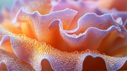 Close up Dew Drops on Peach and Lavender Flower Petals Macro Photography of Delicate Bloom