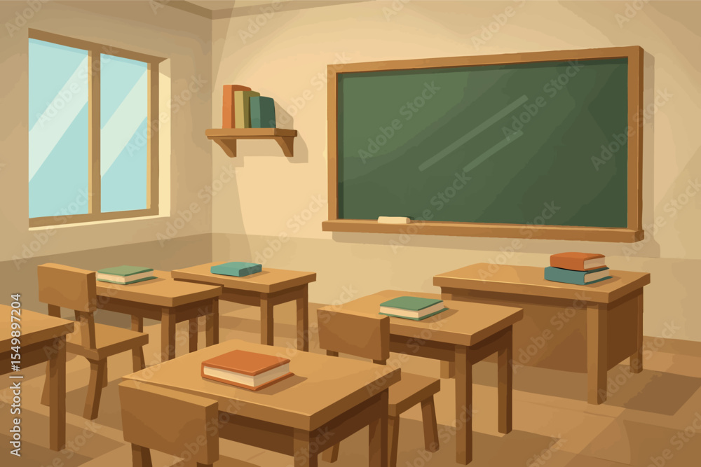 Poster low poly vector school classroom with desks chalkboard books and windows simple layout