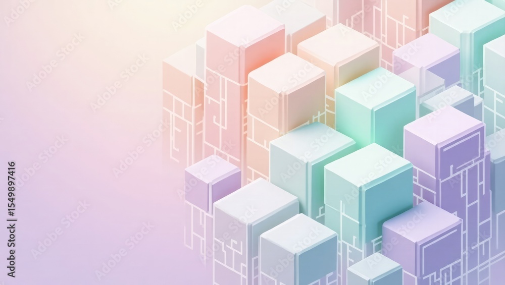 Poster abstract isometric pastel colored cubes arranged in a cityscape with subtle geometric line patterns 