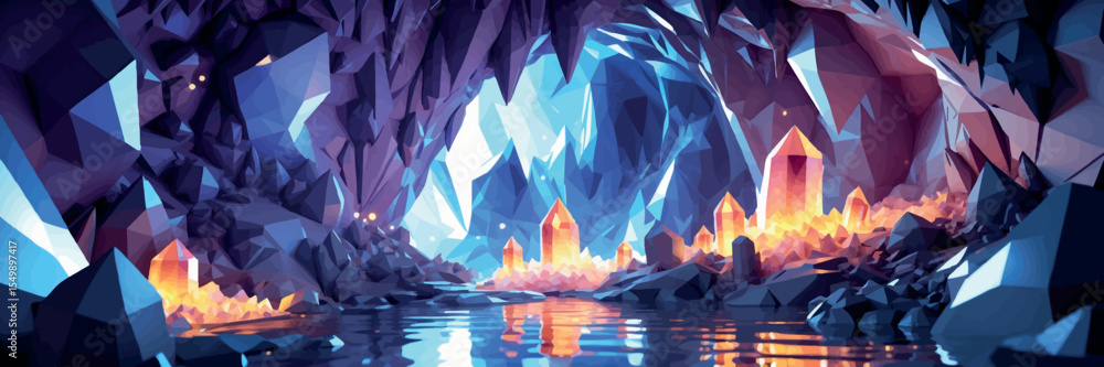 Poster low poly vector floating crystal cave with sharp angles glowing minerals and magical light