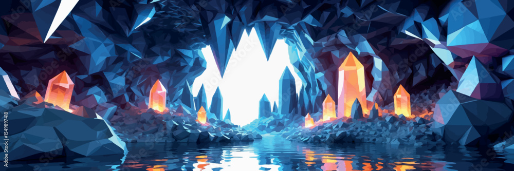 Poster low poly vector floating crystal cave with sharp angles glowing minerals and magical light