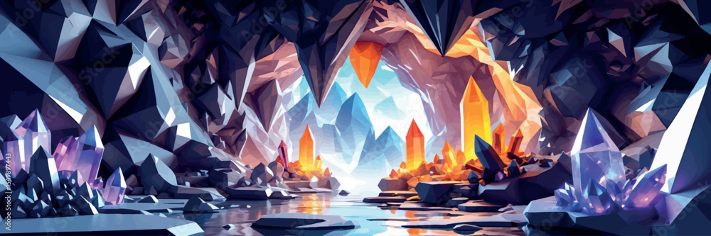 Aufkleber low poly vector floating crystal cave with sharp angles glowing minerals and magical light