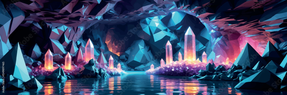 Poster low poly vector floating crystal cave with sharp angles glowing minerals and magical light