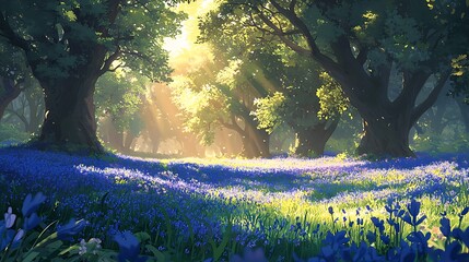Enchanting Sunlit Bluebell Forest Magical Spring Woodland Scene with Lush Greenery and Sunlight