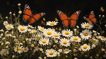 Vibrant Monarch Butterflies Amongst Daisies in a Summer Meadow