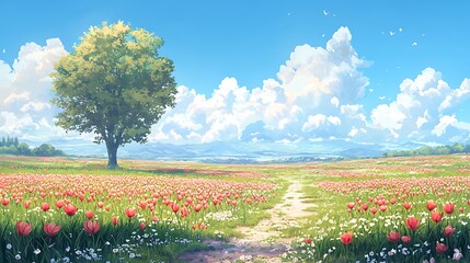 Serene Spring Meadow Landscape Vibrant Tulips Lush Green Grass and a Majestic Tree Under a Sunny Sky