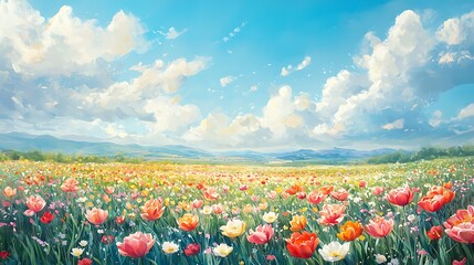 Vibrant Spring Meadow Landscape Colorful Tulips Sunny Sky Rolling Hills