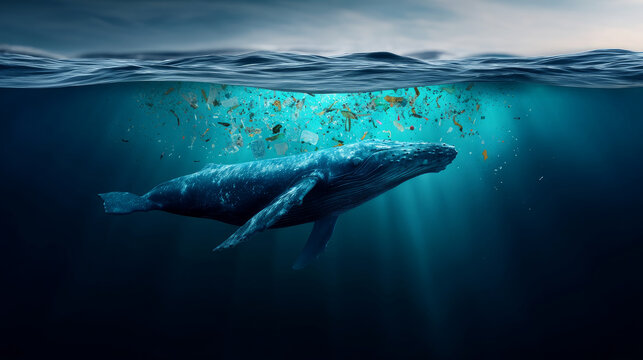 A whale swims in the ocean with plastic against the background of an ecological catastrophe. Concept of pollution of nature and the environment. 