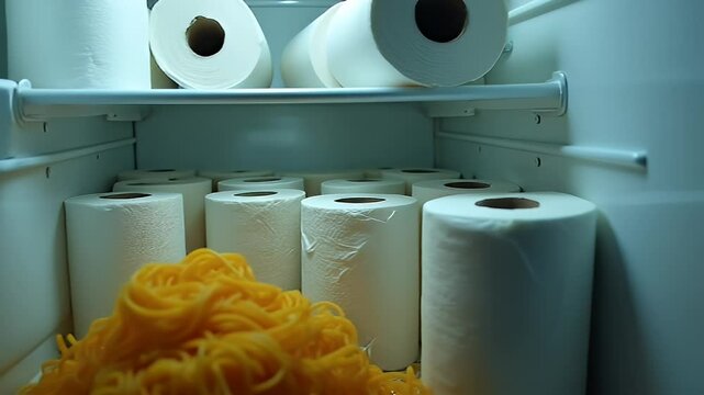  Rolls of Bathroom Tissue and Pasta on Refrigerator Shelves, Symbolizing Public Panic and Excessive Procurement During Crisis