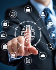 A digital illustration of a business person's hand interacting with a virtual interface, showing a large white fingerprint icon in the center.