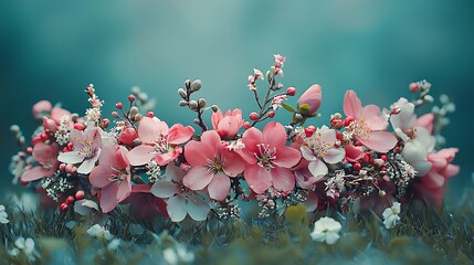 Delicate Pink and White Spring Blossom Wreath in Lush Green Grass