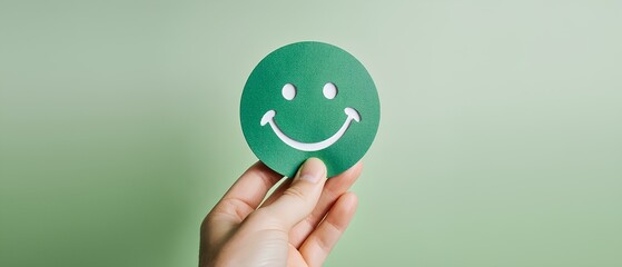 Hand holding green paper cut happy smile face on green background , f&eacute;liciter, sourire, positif, client, r&eacute;visions, 