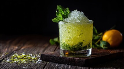 Crushed ice cocktail with lemon and mint in a glass, shot on rustic wood with moody lighting, perfect for bar menus, summer ads and editorial drink features