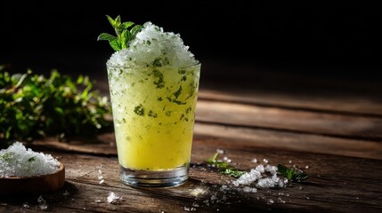 Crushed ice cocktail with lemon and mint in a glass, shot on rustic wood with moody lighting, perfect for bar menus, summer ads and editorial drink features