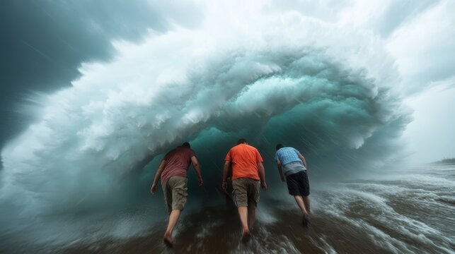 Three adventurers confront a massive ocean wave, encapsulating the thrill of nature's might and the spirit of friendship in the face of daunting challenges.