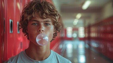 A young boy stands in a school hallway, blowing a bubble with pink gum, giving off a carefree and youthful vibe amidst vibrant red lockers in the background.