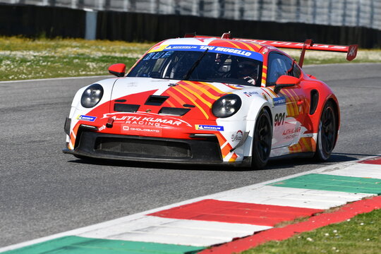 Scarperia, Italy - March 20th 2025: Porsche 911 GT3 Cup (992) of Team Ajith Kumar Racing by BKR drive by Kumar-Duffieux-Detry in action during 12h Michelin at Mugello Circuit.