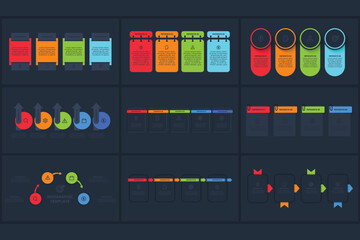 Set creative concept for infographic with 4, 5 steps, template for web on a black background.