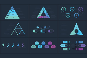 Set creative concept for infographic with 3, 4, 5, 6 steps, template for web on a black background.