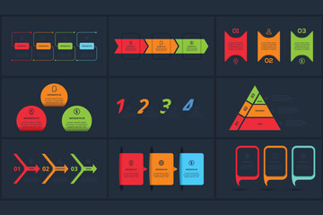 Set creative concept for infographic with 3, 4, steps, template for web on a black background.