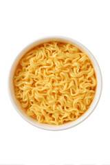 Close-up view of a bowl filled with cooked yellow instant noodles, isolated on a clean white surface. Perfect for food concepts and fast meal ideas.