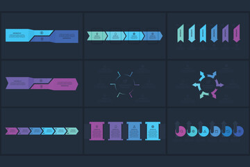 Set creative concept for infographic with 2, 6 steps, template for web on a black background.