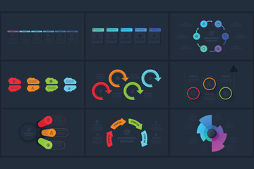 Set creative concept for infographic with 3, 4, 5, 6, 8 steps, template for web on a black background.