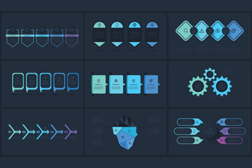 Set creative concept for infographic with 3, 4, 5, 6, 7 steps, template for web on a black background.